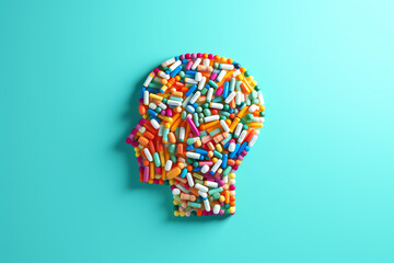 Human head shape made with medicine tablets representing human biology and impact of drugs, isolated on green background.