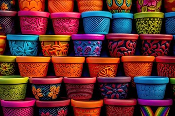 Colorful painted and decorated pots