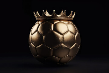 Gold soccer ball in golden crown isolated on black flat background. Creative banner of football championship, victory and triumph. Generative AI 3d rendering illustration imitation.