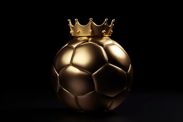 Gold soccer ball in golden shining crown isolated on black flat background. Creative idea of football championship, victory and triumph. Generative AI 3d render illustration imitation.