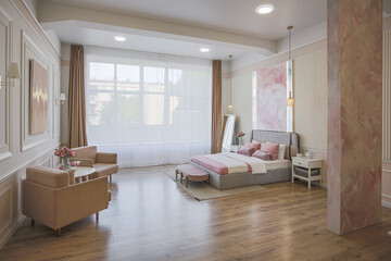 modern cozy soft interior design of a room with a bedroom and a home office in warm delicate pastel pink and beige colors