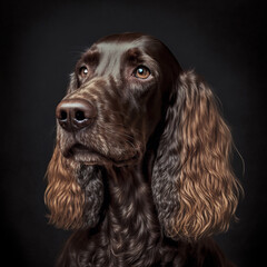 Studio shot with cute English cocker spaniel dog portrait with the curiosity and innocent look as concept of modern happy domestic pet in ravishing hyper realistic detail by Generative AI.