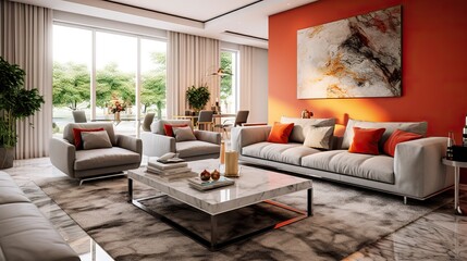 modern mid century living room interior. An elegant and luxurious living room with a comfortable sofa and armchair.