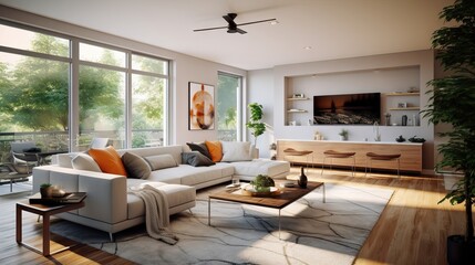 Obraz na płótnie Canvas modern mid century living room interior. An elegant and luxurious living room with a comfortable sofa and armchair.