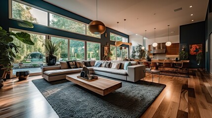 Fototapeta premium modern mid century living room interior. An elegant and luxurious living room with a comfortable sofa and armchair.