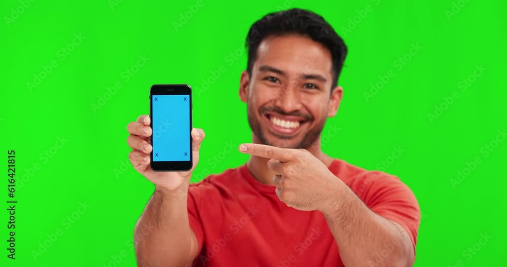 Poster man, face and pointing at phone by green screen with smile, review and choice with mockup space for 