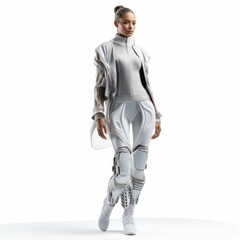 Woman in clothes of the future on a white background