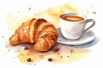The illustration shows a cup of coffee with a croissant. Generative Ai.
