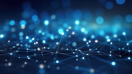 Fototapeta premium Abstract blue technology background with a cyber network grid and connected particles. Artificial neurons, global data connections - Generative AI