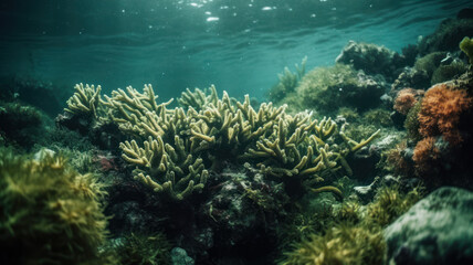Fototapeta na wymiar a view of corals and algae from below the surface of the ocean. Generative AI