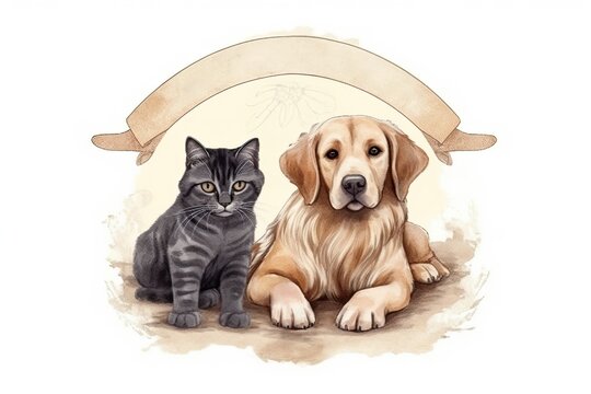 The illustration showcases a watercolor painting of a dog and cat face. Generative Ai.