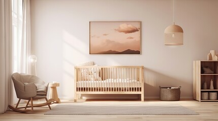 Interior side view of a nursery featuring a crib in modern style, beautiful maternity and future child, pregnancy concept