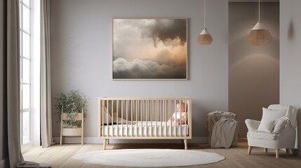 Interior side view of a nursery featuring a crib in modern style, beautiful maternity and future child, pregnancy concept