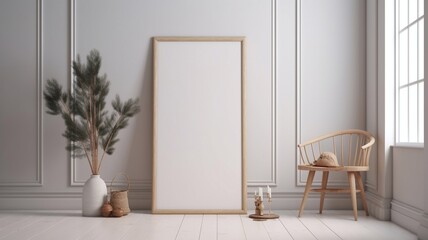 Mock-up of an empty wooden picture frame on a desk. Generative AI.