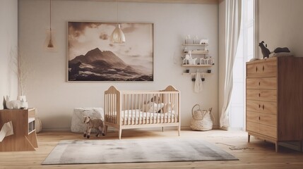 Interior side view of a nursery featuring a crib in modern style, beautiful maternity and future child, pregnancy concept