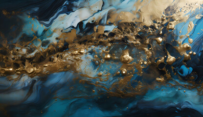 gold and blue paint splashes on a wall and water effect