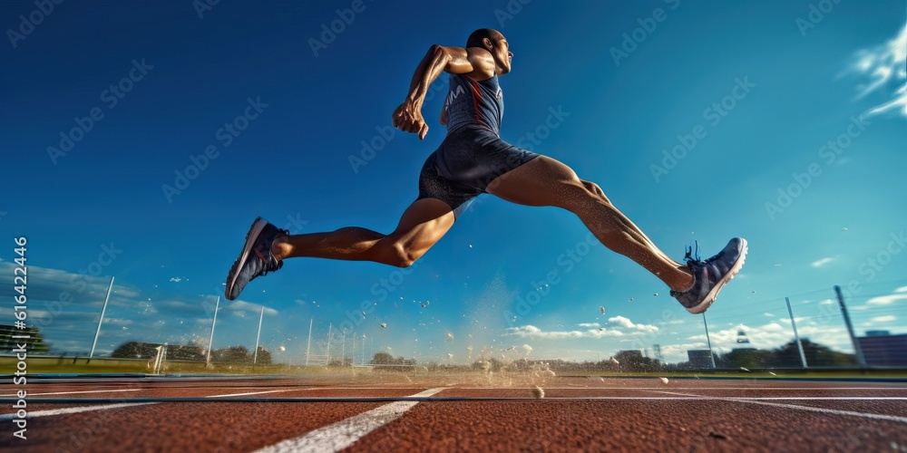 Wall mural Wide angle image legs of a olympian runner during a sunny day