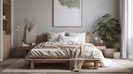 Elegant bedroom look. Scandinavian interior. White and grey linen cushions, bedspread. Generative AI.