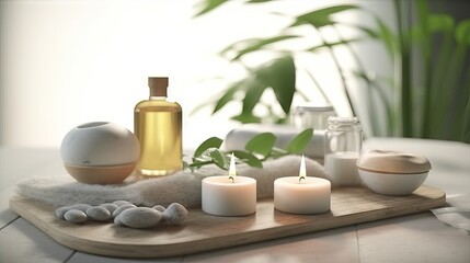 Obraz na płótnie Canvas spa still life with candles, Relax still life, spa wellness concept. Cosmetic Beauty Spa Treatment. Aromatherapy body care therapy