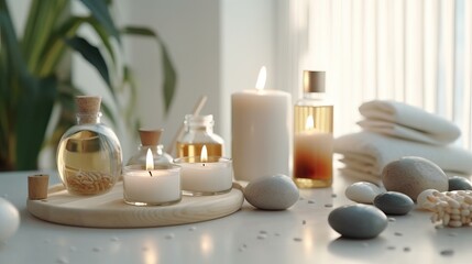 spa still life with candles, Relax still life, spa wellness concept. Cosmetic Beauty Spa Treatment. Aromatherapy body care therapy - obrazy, fototapety, plakaty
