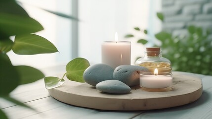 Fototapeta na wymiar spa still life with candles, Relax still life, spa wellness concept. Cosmetic Beauty Spa Treatment. Aromatherapy body care therapy