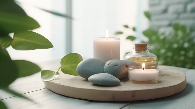 spa still life with candles, Relax still life, spa wellness concept. Cosmetic Beauty Spa Treatment. Aromatherapy body care therapy © Banana Images