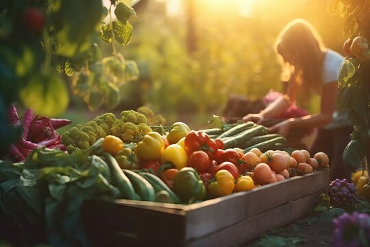 Farmer collecting vegetables, sunset image, vegetables close up, fresh healthy fruits and vegetables, eat clean, greenery