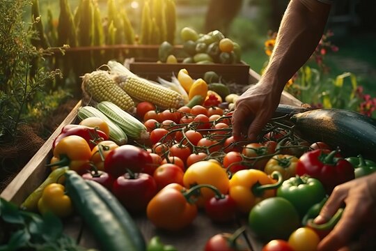 Farmer collecting vegetables, sunset image, vegetables close up, fresh healthy fruits and vegetables, eat clean, greenery
