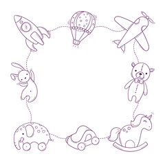 Baby shower cute template with sketch style toys. Square space for text