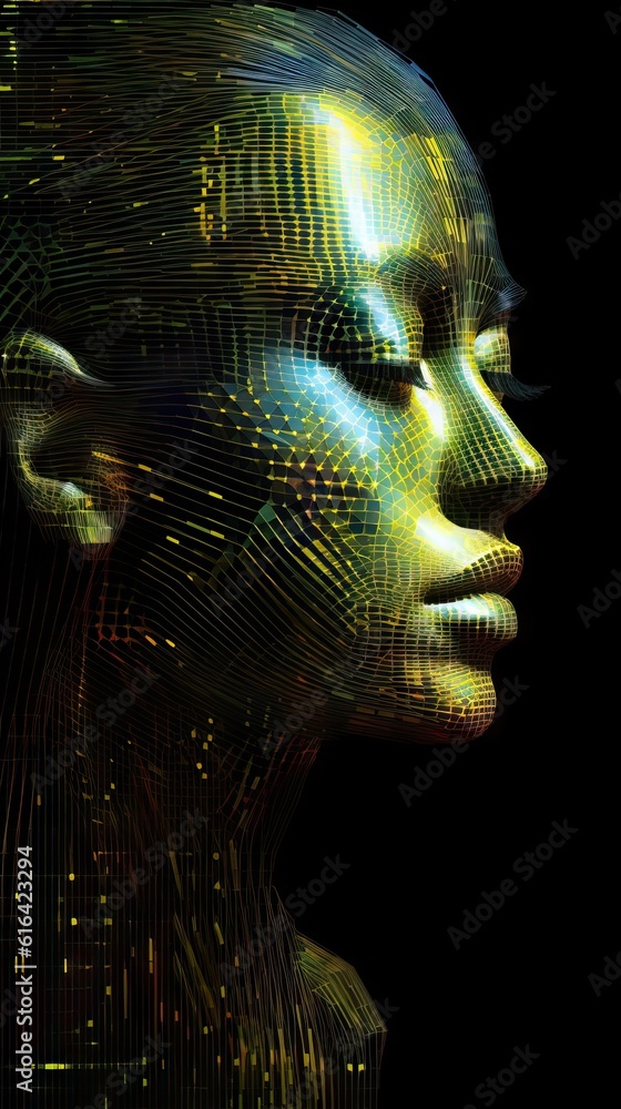 Poster humanoid head with color vibrant neon neural network, representing futuristic technology and artific