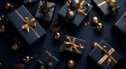 christmas presents on blue background with gold decorations