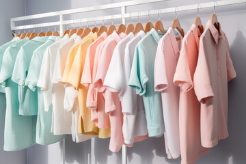 Pretty Clothes in pastel light colors hang on rack in sunlight. Delicate pastel palette of woman's closet. Generative AI professional photo imitation.
