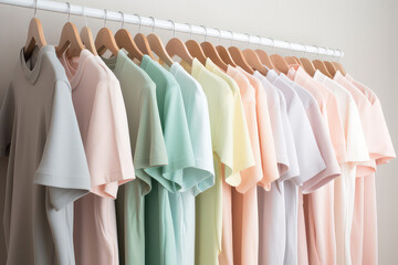Summer Clothes in pastel light colors hang on rack in sunlight. Delicate cute pastel palette of woman's closet. Generative AI professional photo imitation.