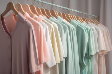 Summer Clothes in pastel light colors hang on rack in sunlight. Delicate pastel palette of woman's closet. Generative AI professional photo imitation.