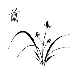 Orchid Flower Japanese Ink Painting Kanji Character Hand drawing Simplicity Zen