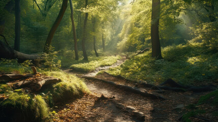 Obraz premium Beautiful sunny morning in green forest. Generative AI