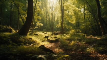 Obraz premium Beautiful sunny morning in green forest. Generative AI