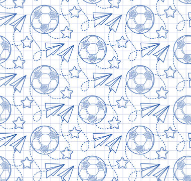 Seamless pattern with cartoon soccer balls in sketch style on a white checkered background