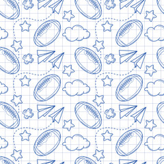 Seamless pattern with cartoon american footballs in sketch style on white checkered background