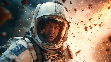 Cinematic scene of an astronaut during an explosion, futuristic action movie concept. Exploring the universe, learning, new civilizations - obrazy, fototapety, plakaty