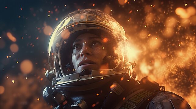 Cinematic Scene Of An Astronaut During An Explosion, Futuristic Action Movie Concept. Exploring The Universe, Learning, New Civilizations