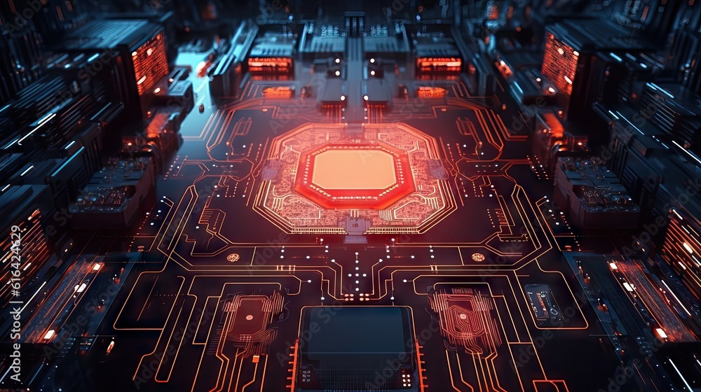 Poster processor socket in neon light. motherboard with microchips.microchip and motherboard closeup. cyber