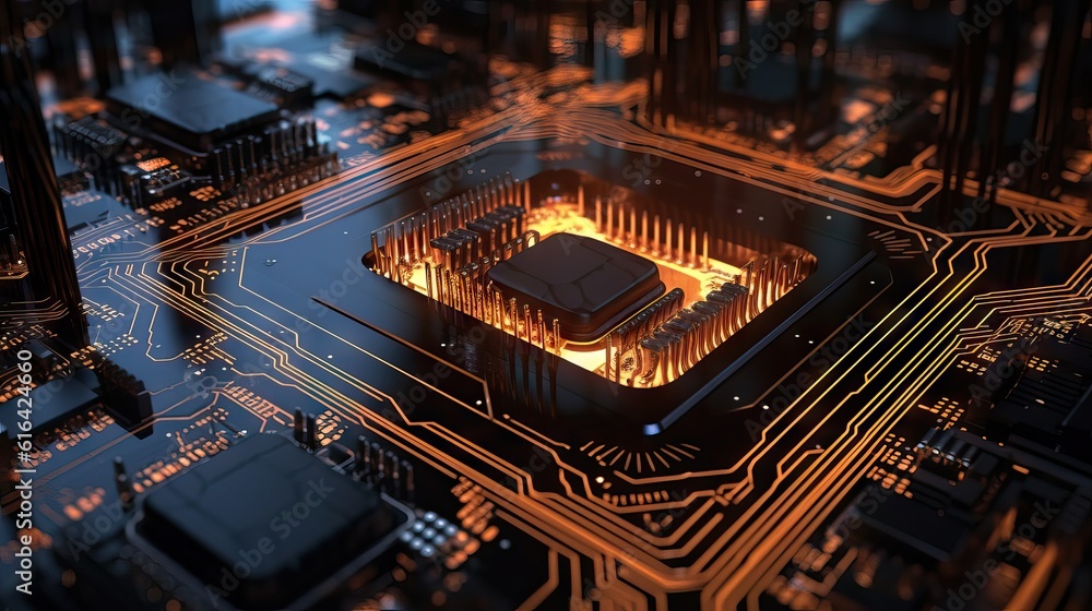 Poster processor socket in neon light. motherboard with microchips.microchip and motherboard closeup. cyber