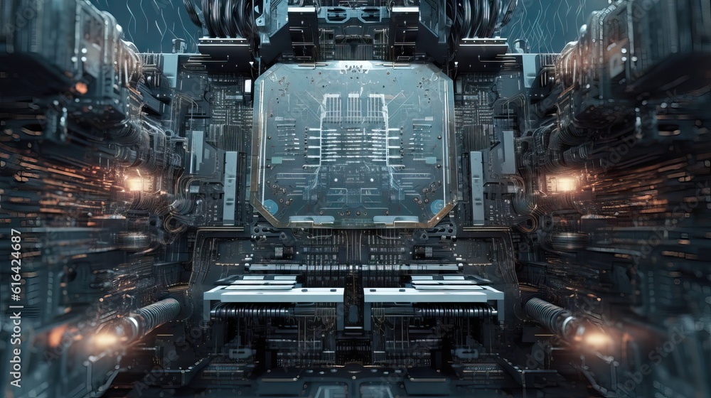 Poster processor socket in neon light. motherboard with microchips.microchip and motherboard closeup. cyber