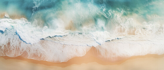 Fototapeta na wymiar Aerial view of beautiful tropical beach and sea with sand and wave. AI generative illustration