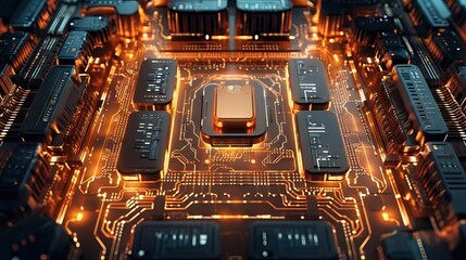 Processor socket in neon light. Motherboard with microchips.Microchip and motherboard closeup. Cyber tech, cloud computing