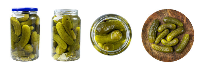 Pickled Cucumbers on Wood Plate Isolated, Fermented, Marinated Vegetables, Gherkins