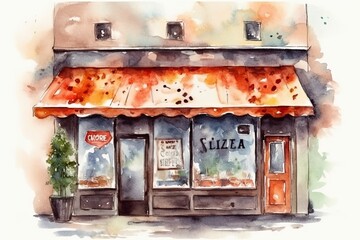 The illustration portrays a charming watercolor painting of a pizzeria, capturing the cozy ambiance and mouthwatering aroma of freshly baked pizzas. Generative Ai.