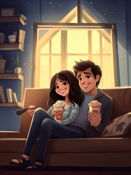 Married couple watching a movie on a big screen sitting on a sofa at home. Candid image of a couple enjoying a romantic date night at home