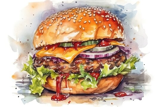 The illustration features a watercolor painting of a delicious and juicy burger. Generative Ai.